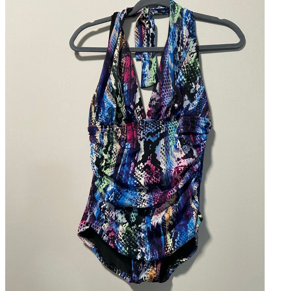 Magicsuit one piece in colorful snake print with plunging neckline.